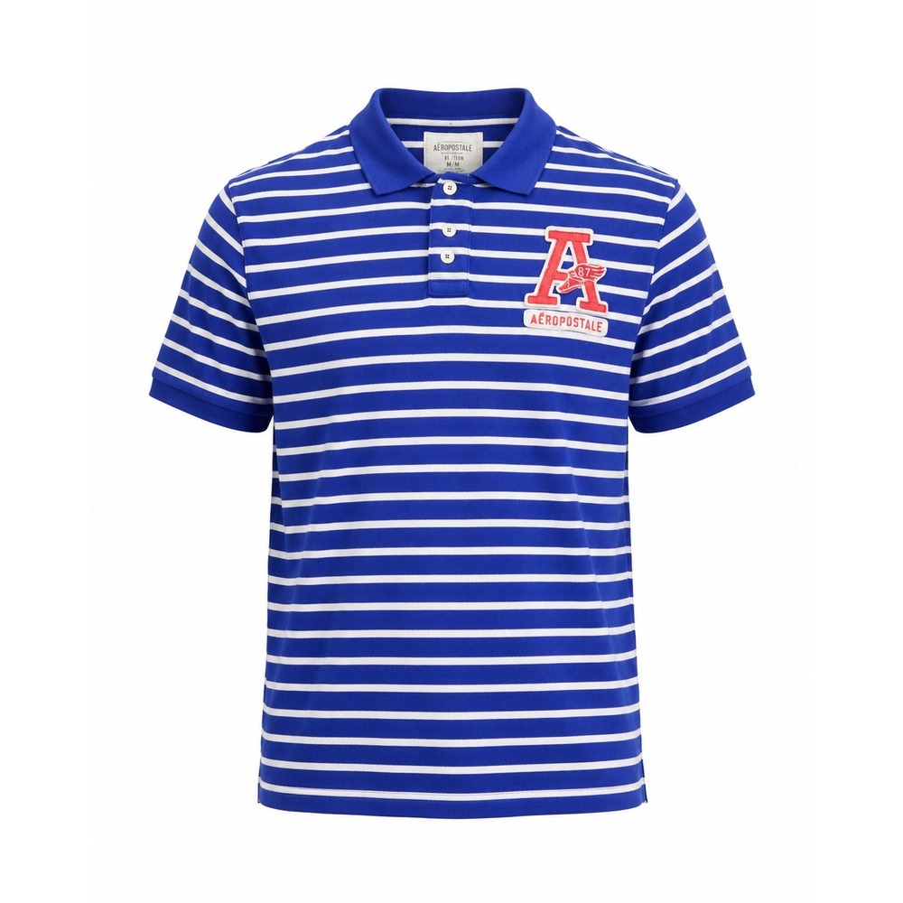 Aeropostale XXL Blue White Striped Short Sleeve Cotton Pique Polo Shirt Logo A27